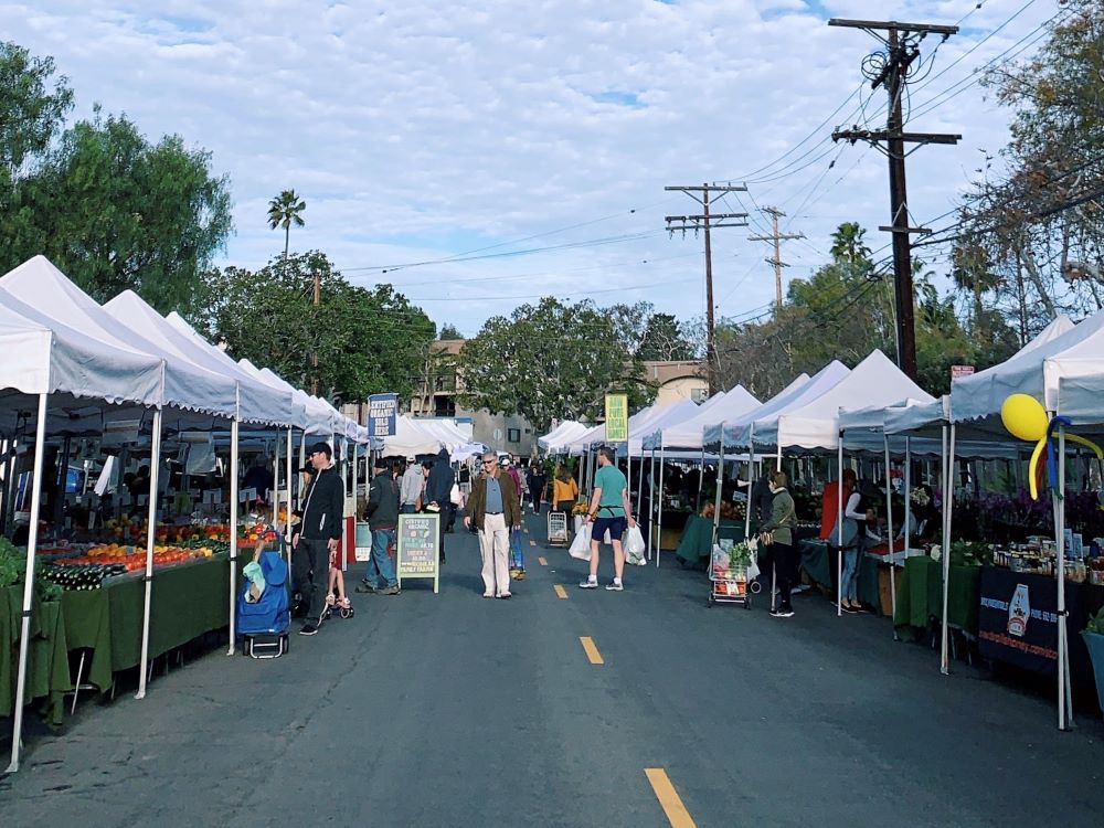 Brentwood farmers market at opening with lots of white tents and people