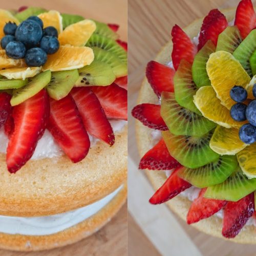 Top and side of my fruit tart cake on a wood background